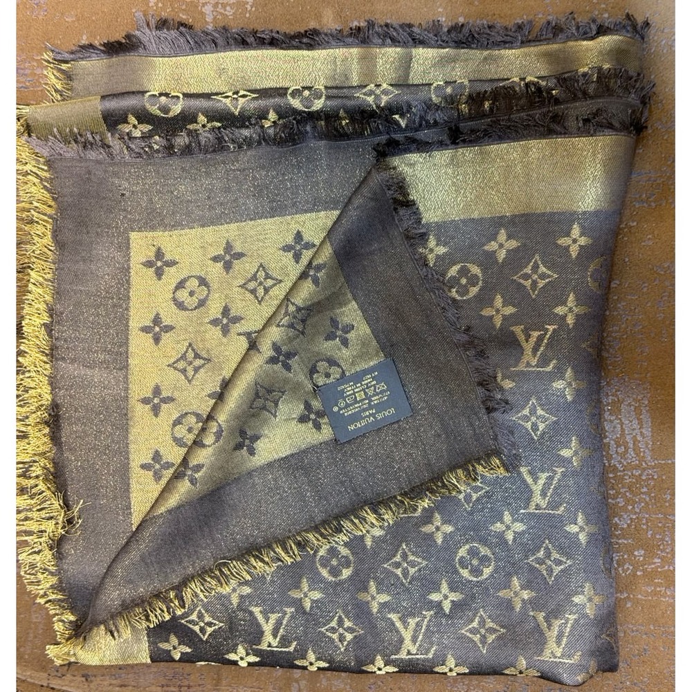 $299 flat sale Louis Vuitton Monogram Shine Shawl Brown Gold M75122 Silk Wool